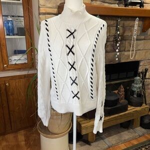 Torrid White Sweater with Black Lace-Up Detail